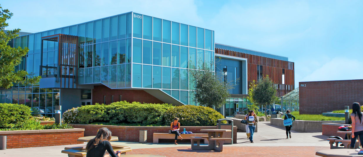 glass front building and picnic area